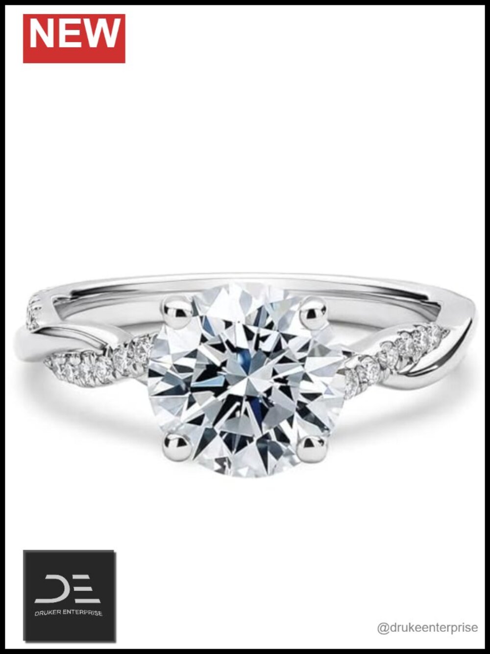 Platinum Plated Silver Moissanite Engagement Ring Round Cut 4.16 CT
